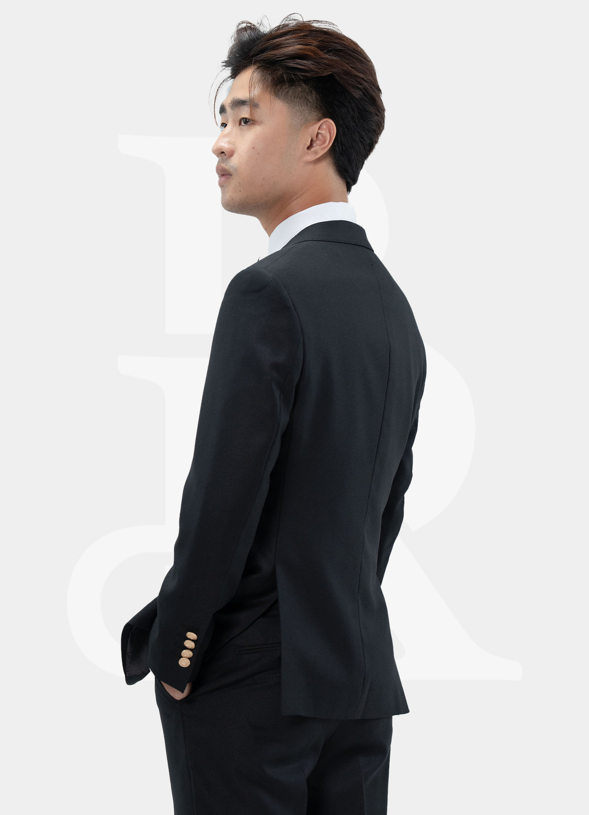 Gold Button Black, 2 Buttons, Notch Lapel, Double Vent, Custom Bemberg Lining, NKJS32104 Button