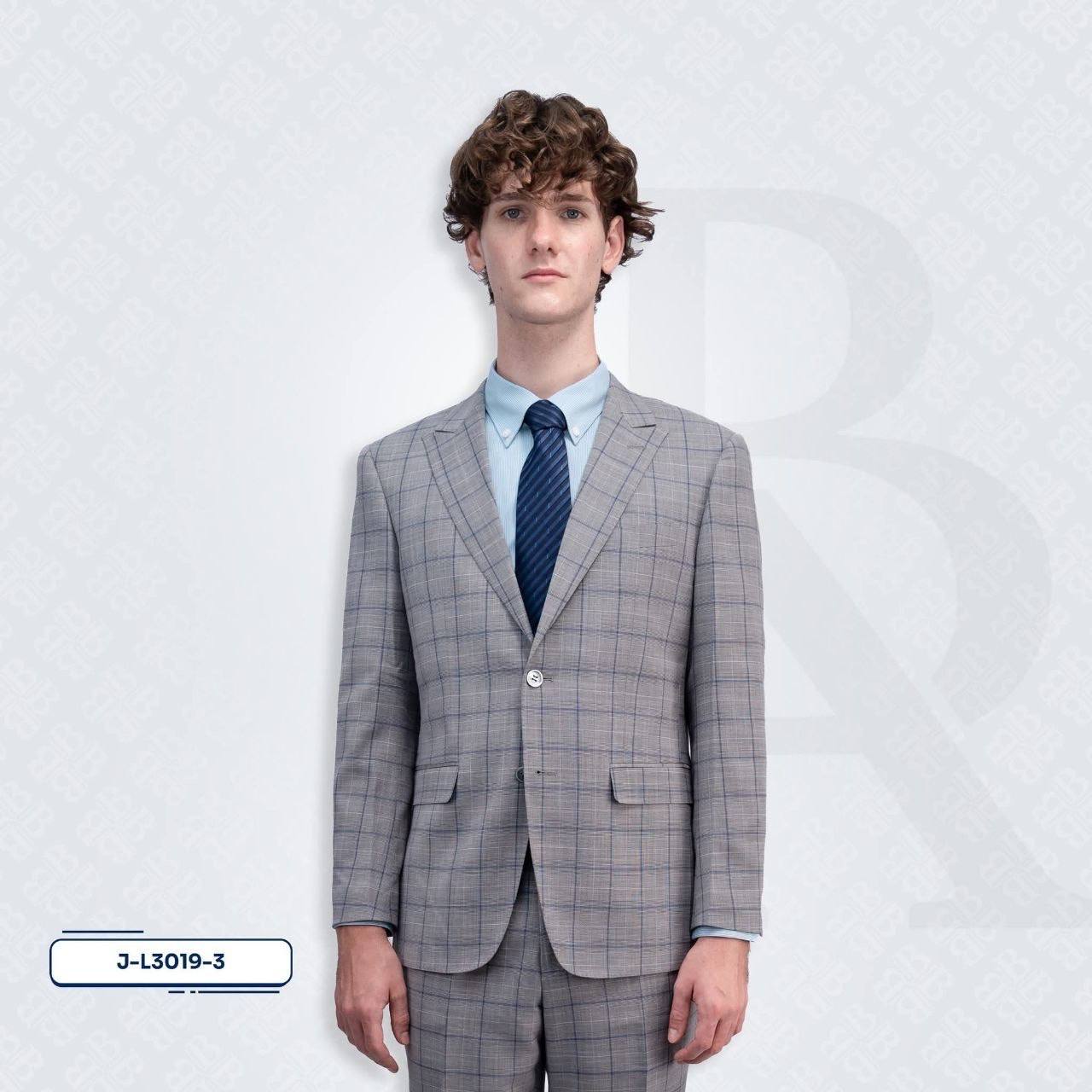 Stretch Suit Jacket - 2-Buttons Peak Lapel Light Grey Navy Windowstripe L3019-3