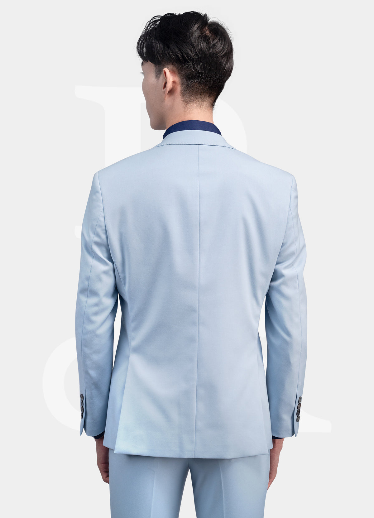 Sky Blue 2 Buttons, Peak Lapel, Double Vent, Custom Polyester Lining, NKBK32020 Button, Jetted Pocket