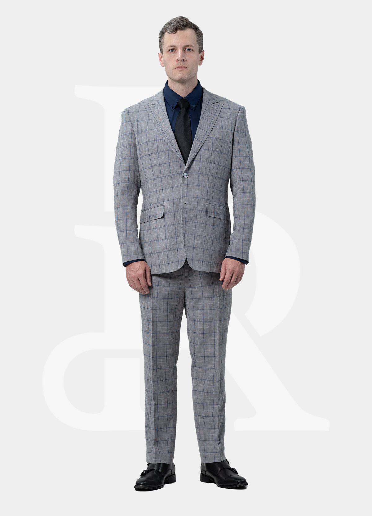 Stretch Suit Jacket - 2-Buttons Peak Lapel Light Grey Navy Windowstripe L3019-3