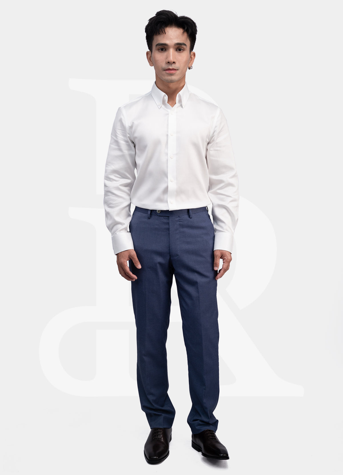 Ceremonial Label - 100% Cotton White Dress Shirt w Mother Pearl Button M-91-BTD