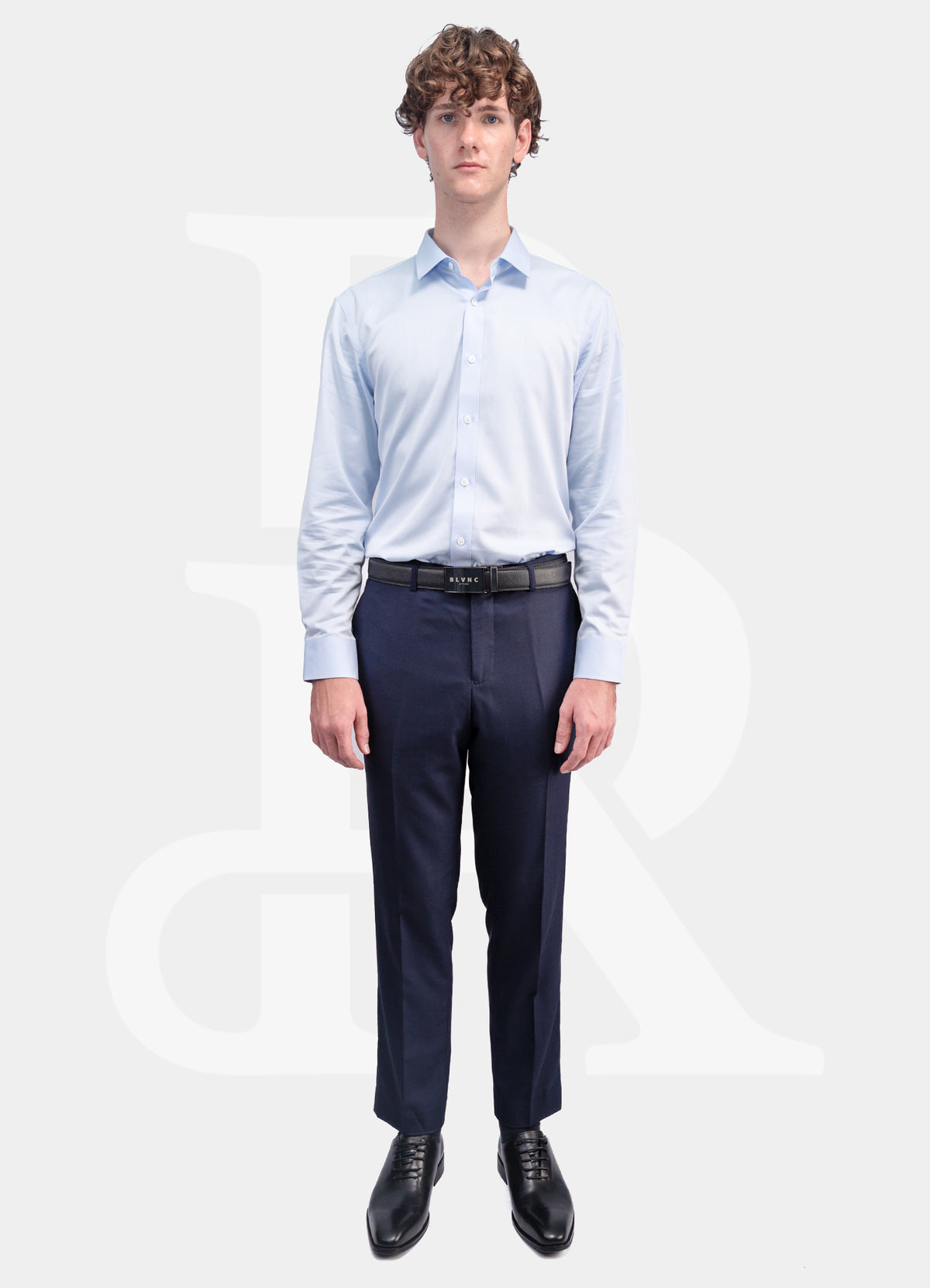 100% Cotton 140S - Non Iron Blue Dress Shirt w Mother Pearl Button M140-01