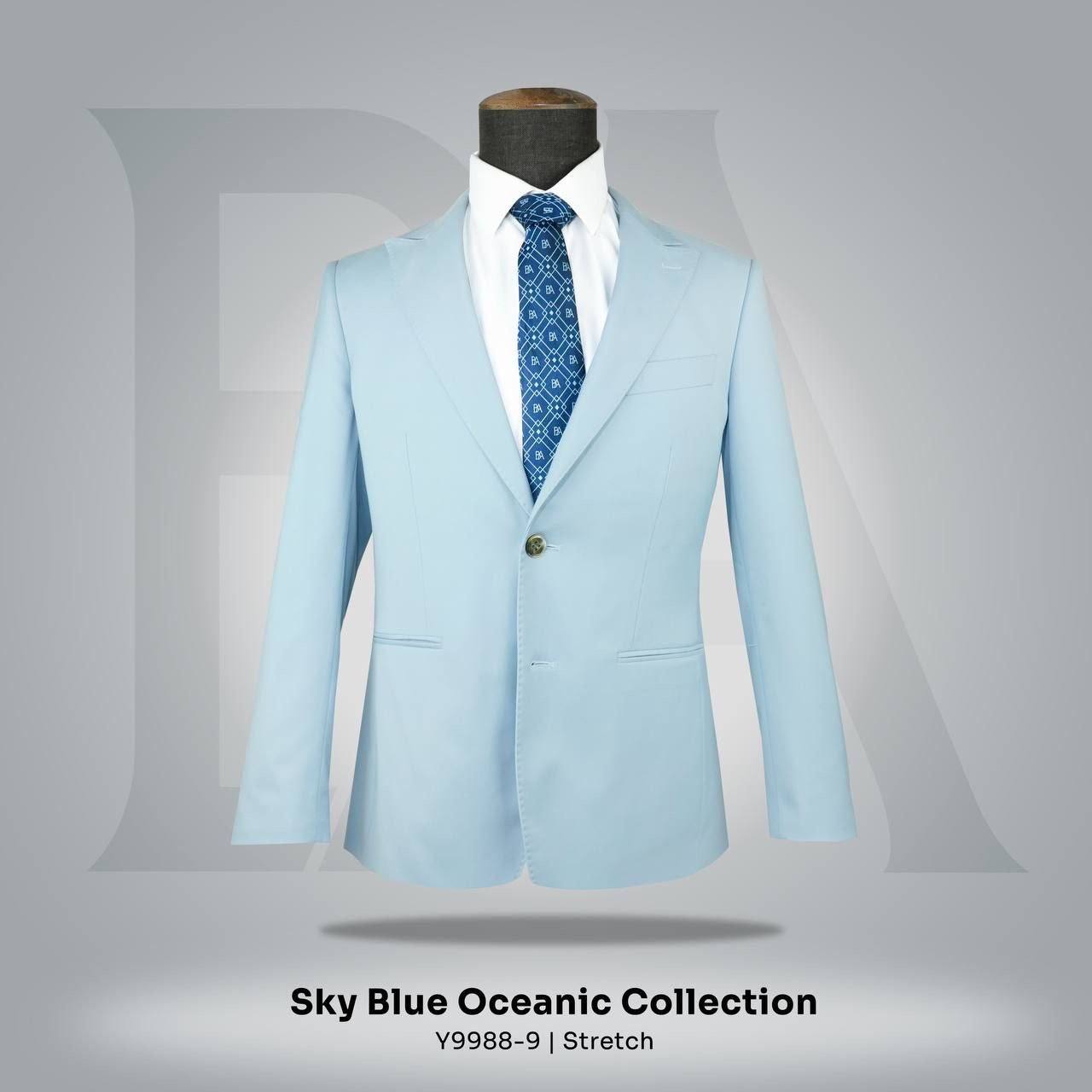 Sky Blue 2 Buttons, Peak Lapel, Double Vent, Custom Polyester Lining, NKBK32020 Button, Jetted Pocket