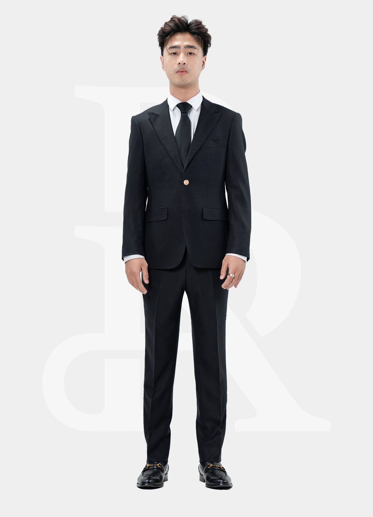 Gold Button Black, 2 Buttons, Notch Lapel, Double Vent, Custom Bemberg Lining, NKJS32104 Button