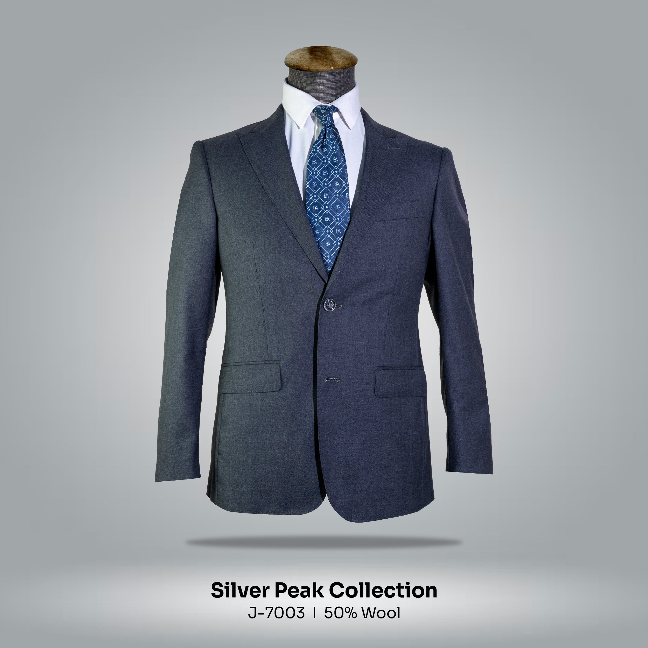 70% Wool 2 Buttons Peak Lapel Suit Jacket - Grey with No Vent