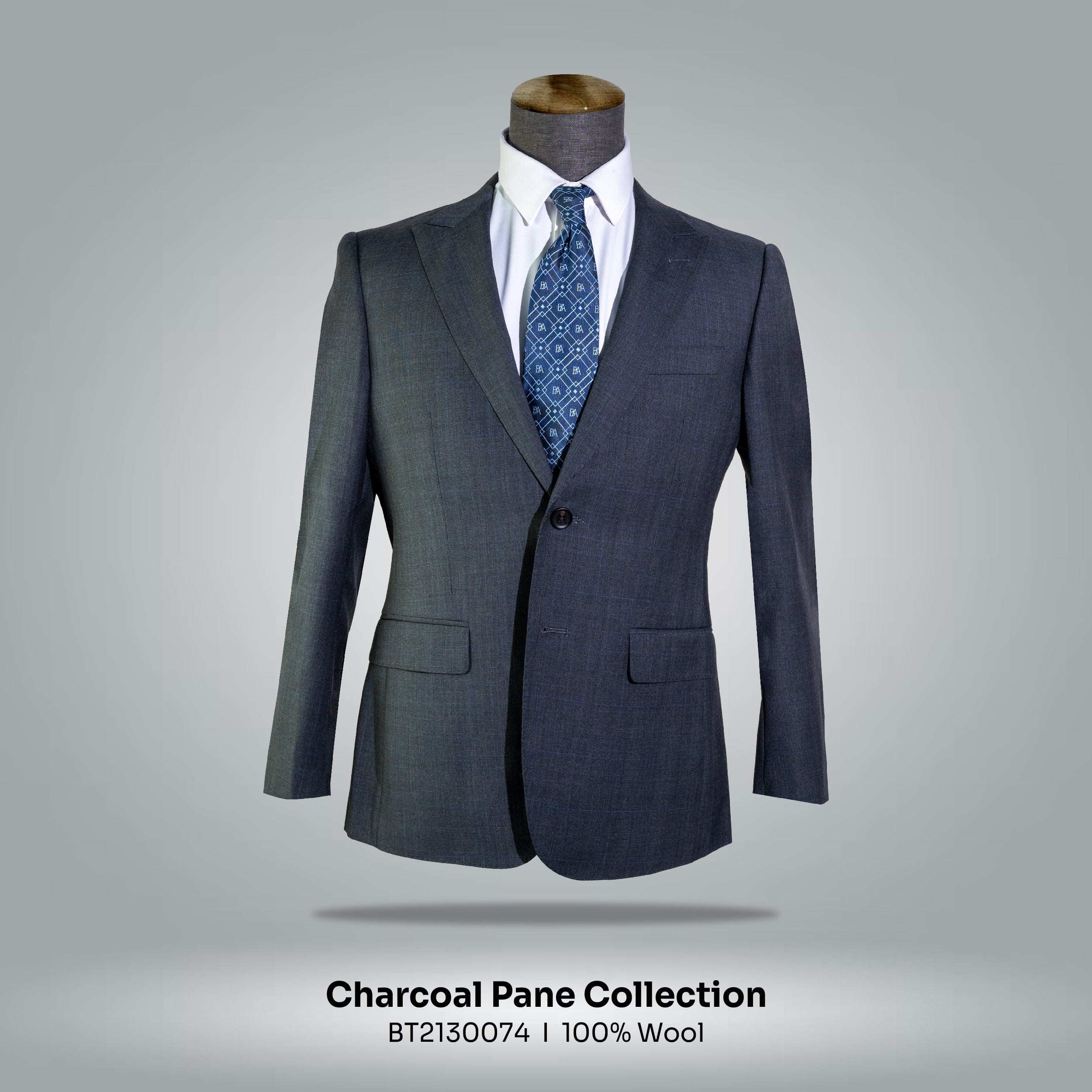 Navy w/ Windowpane, 2 Buttons, Notch Lapel, Double Vent, Custom Bemberg Lining