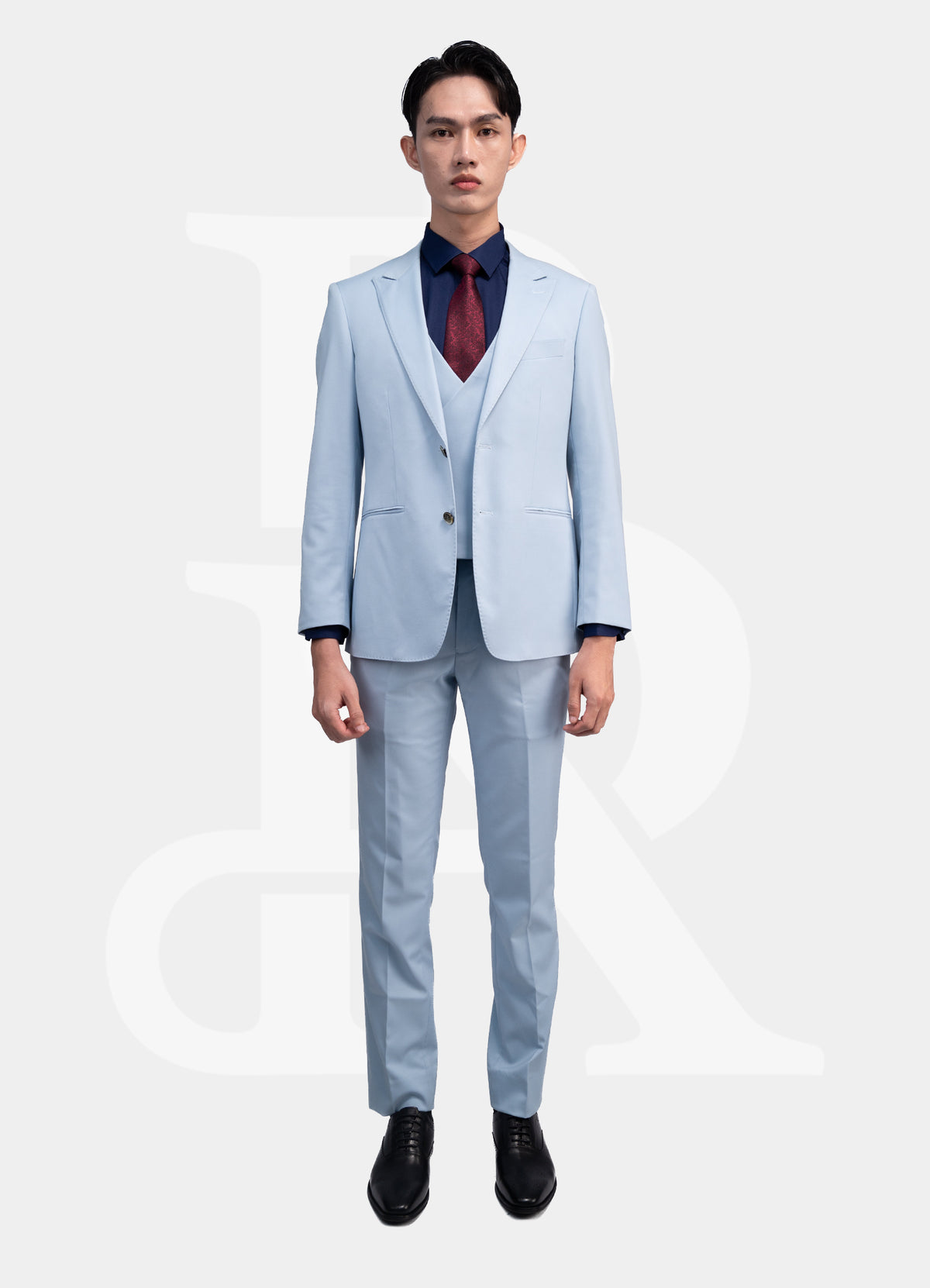 Sky Blue 2 Buttons, Peak Lapel, Double Vent, Custom Polyester Lining, NKBK32020 Button,  Jetted Pocket