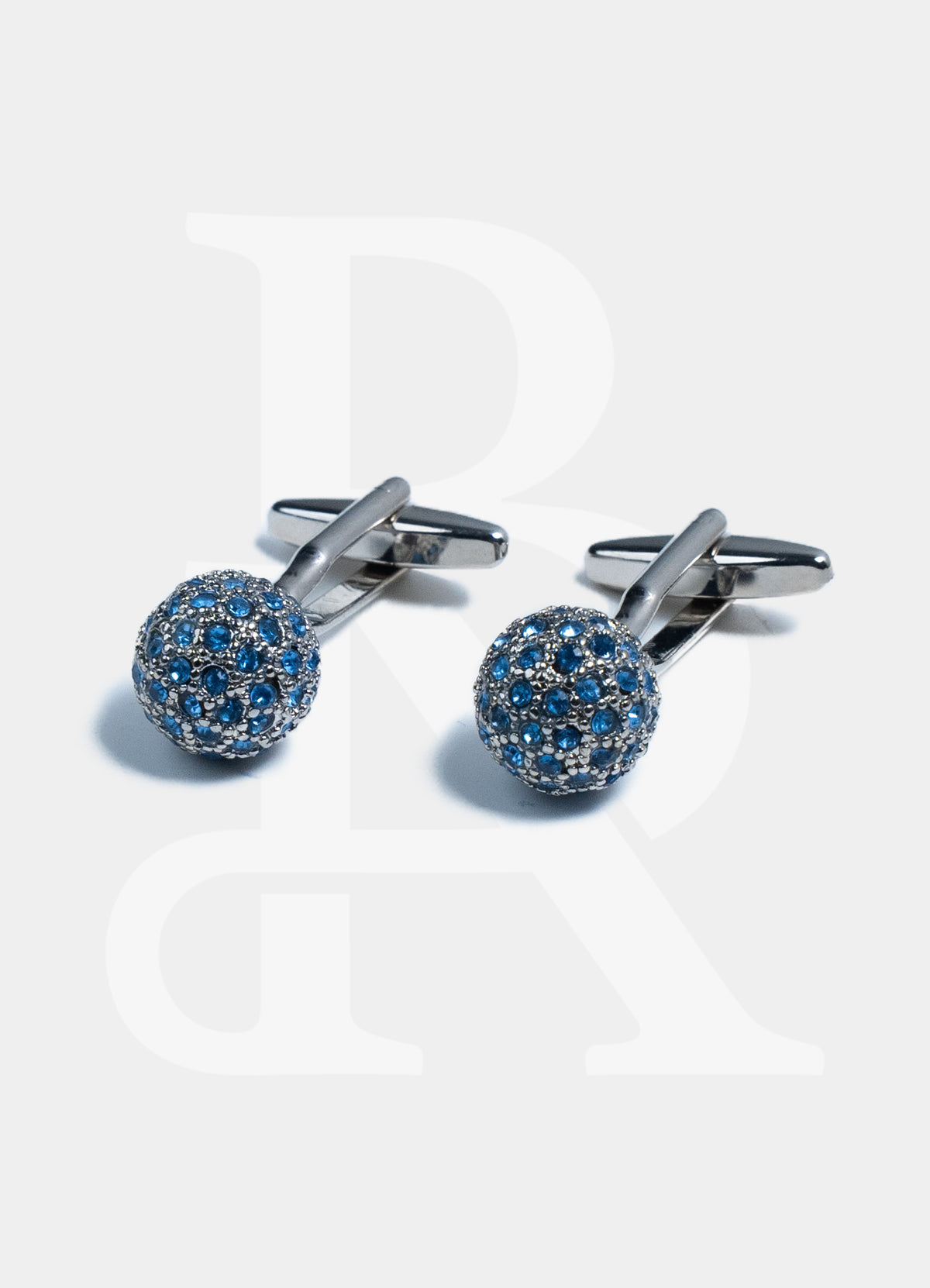 Premium Cufflinks - Silver Round Blue Crystal