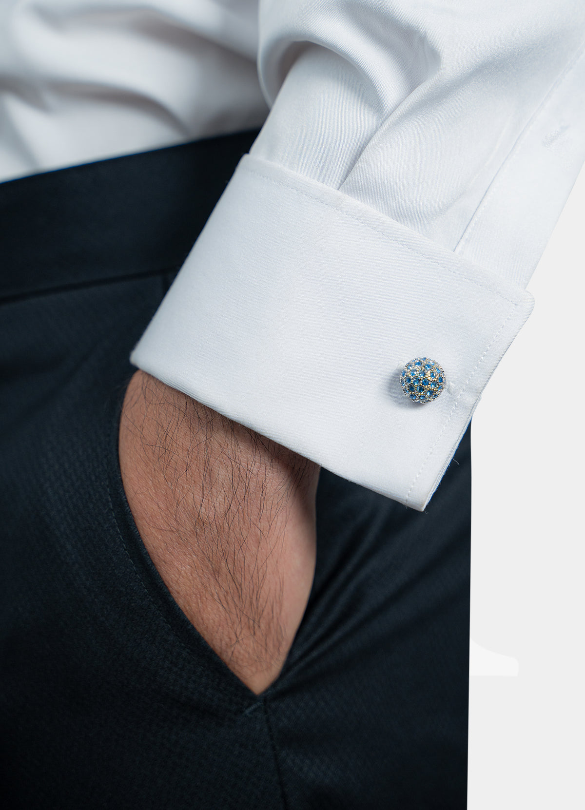 Premium Cufflinks - Silver Round Blue Crystal